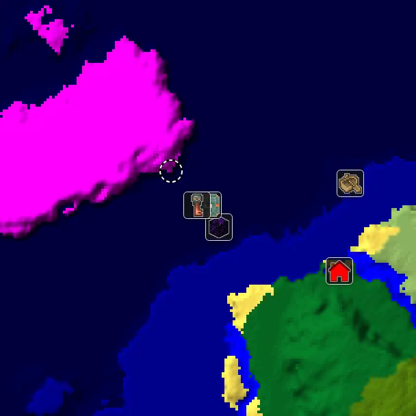 Overworld biome map of seed 6283396778342867902 around spawn, with the mushroom fields marked