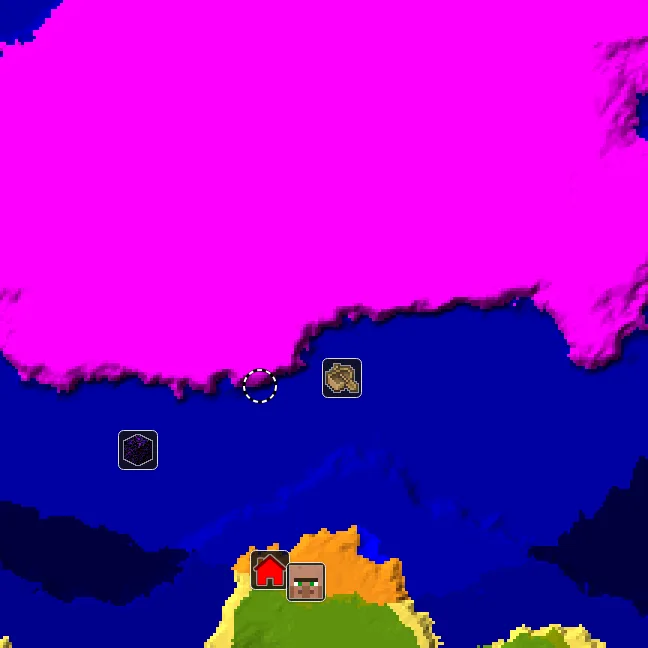 Overworld biome map of seed -7921715295978603045 around spawn, with the mushroom fields marked