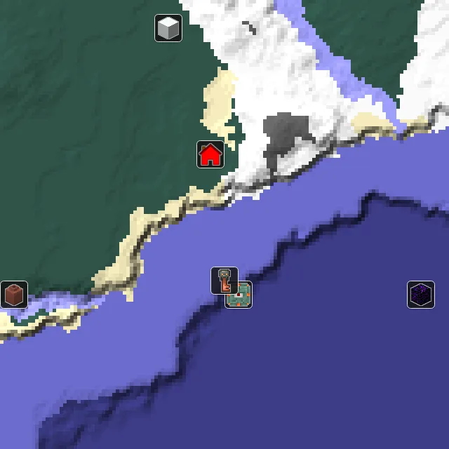 Overworld biome map of seed 2311750628306715 around spawn, with the monument marked