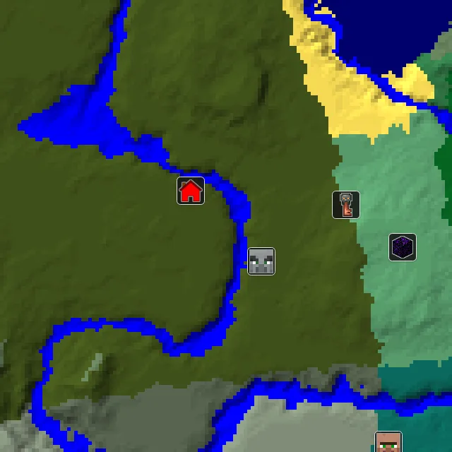 Overworld biome map of seed 23449166200361261 around spawn, with the mansion marked