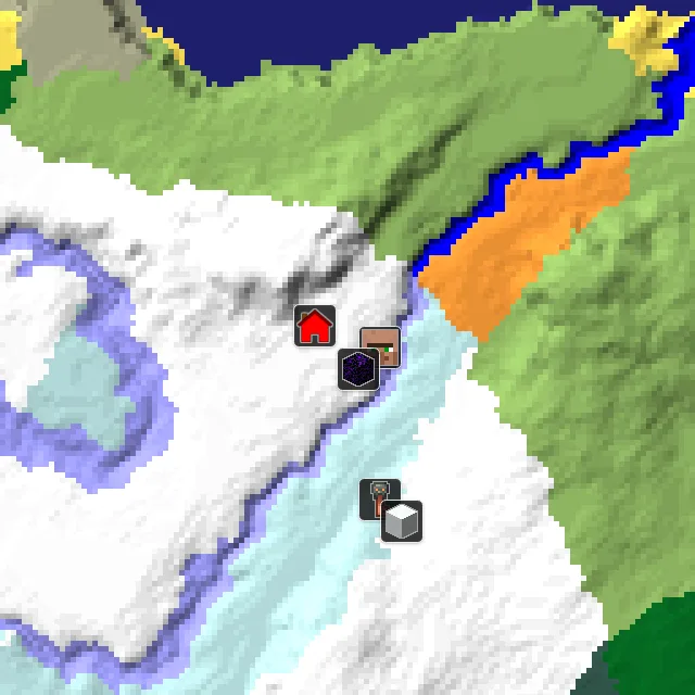 Overworld biome map of seed 328492470042664 around spawn, with the village and ruined portal marked