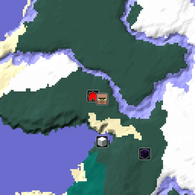 Overworld biome map of seed 1345093431229956 around spawn, with the village marked