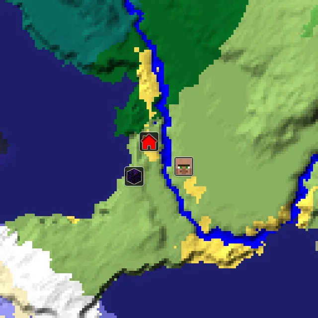 Overworld biome map of seed 1565734922847308 around spawn, with the village and ruined portal marked