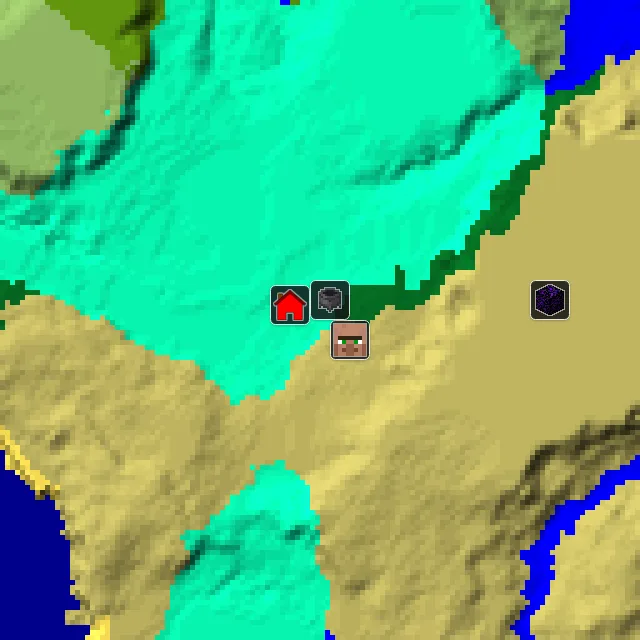 Overworld biome map of seed 310266554366482601 around spawn, with the village and swamp hut marked
