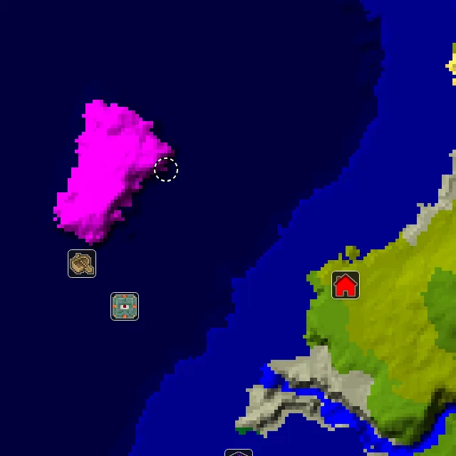Overworld biome map of seed -6650124496547859543 around spawn, with the mushroom fields marked