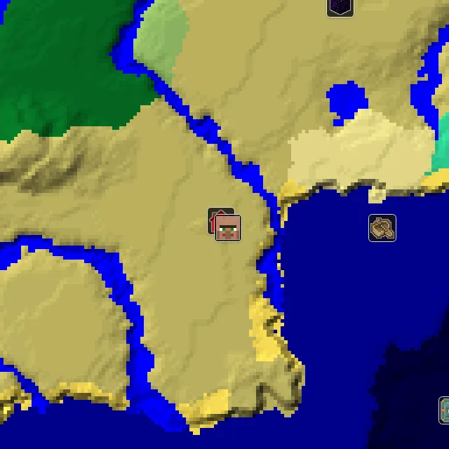 Overworld biome map of seed 90777567604081 around spawn, with the village marked