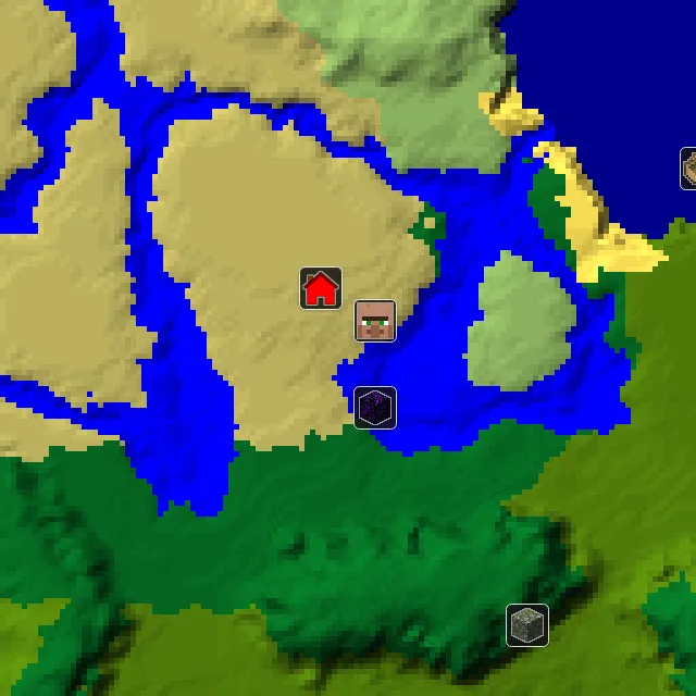 Overworld biome map of seed 936586752659467 around spawn, with the village and ruined portal marked
