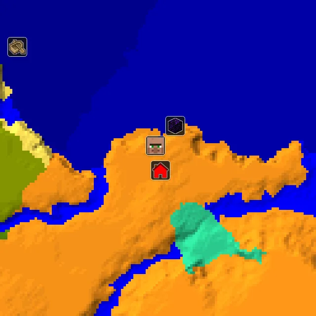 Overworld biome map of seed 497702473019062 around spawn, with the village marked