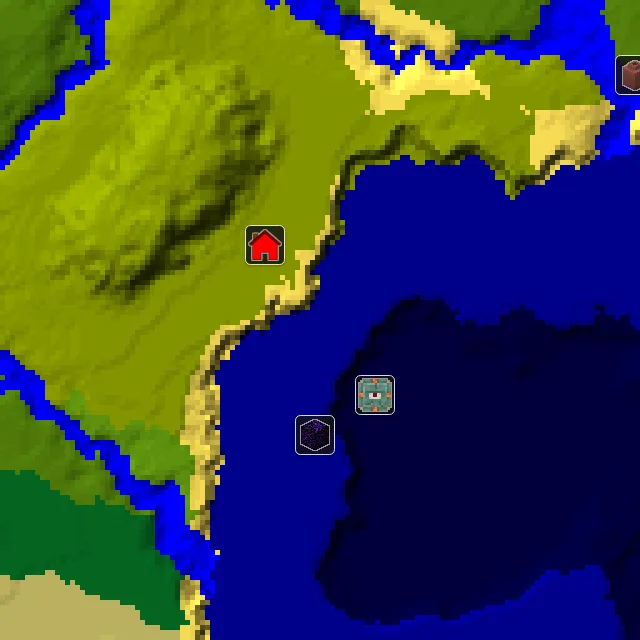 Overworld biome map of seed 5218015132624785 around spawn, with the monument marked