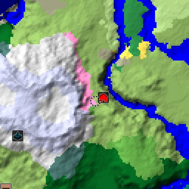 Overworld biome map of seed 6990254696115660769 around spawn, with the cherry grove marked