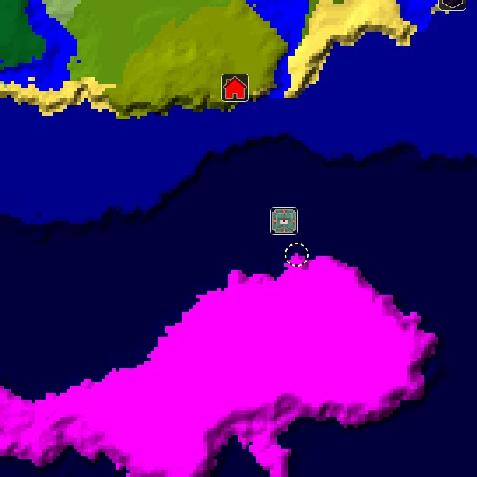 Overworld biome map of seed 7273058863794935899 around spawn, with the mushroom fields marked