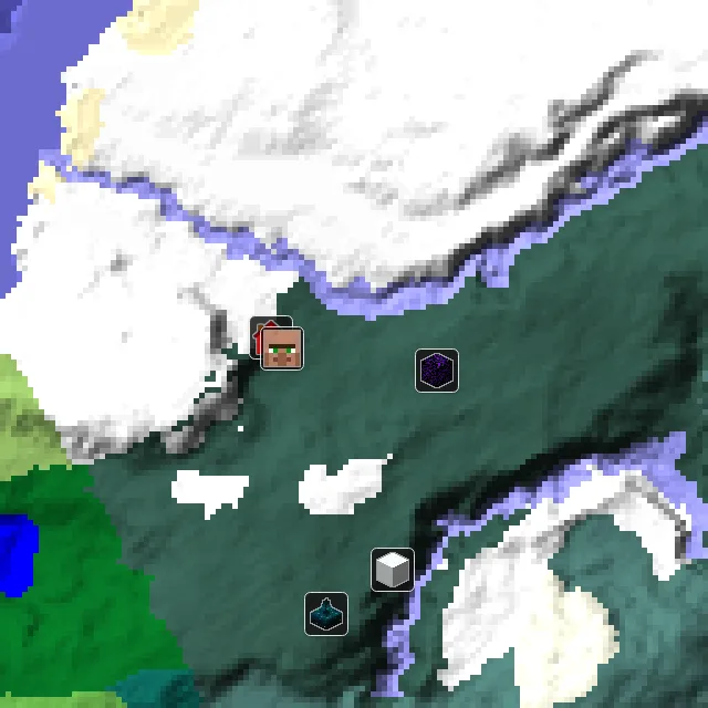 Overworld biome map of seed 855072353026447 around spawn, with the village and ruined portal marked