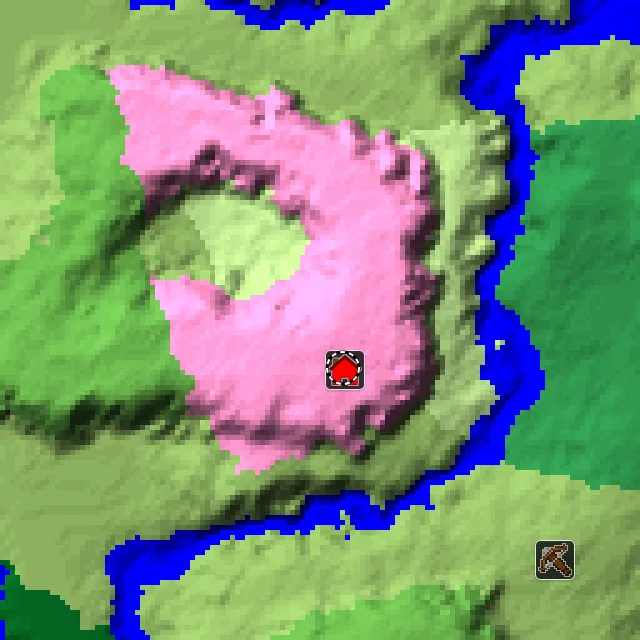 Overworld biome map of seed -6283131090011062898 around spawn, with the cherry grove marked