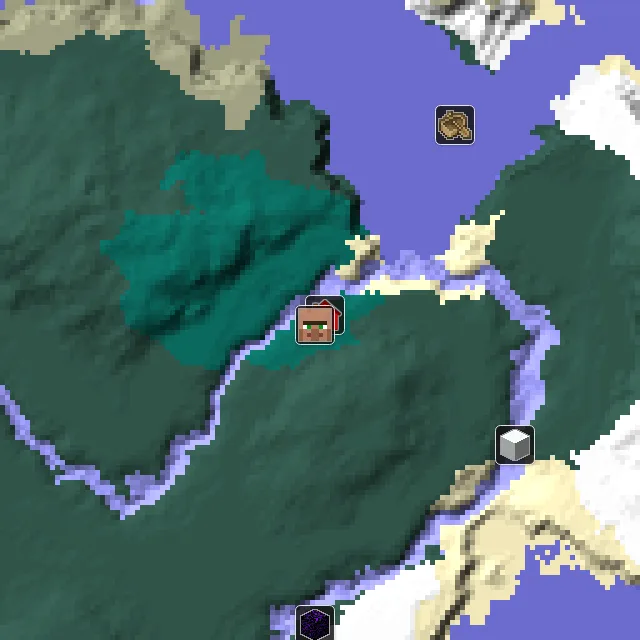 Overworld biome map of seed 1372280476177762 around spawn, with the village marked