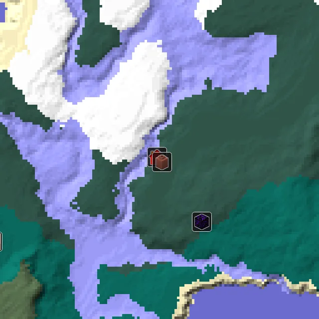 Overworld biome map of seed 1397864149173680 around spawn, with the trail ruin marked