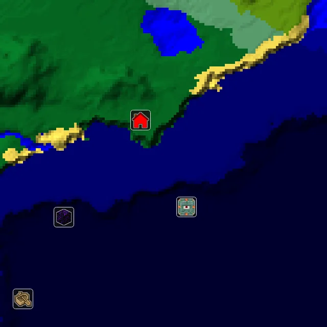 Overworld biome map of seed 1808428854043320 around spawn, with the monument marked