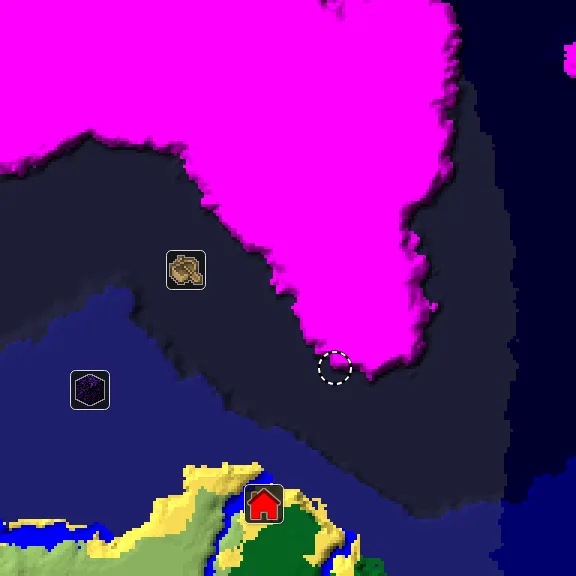 Overworld biome map of seed 3376189194091364741 around spawn, with the mushroom fields marked