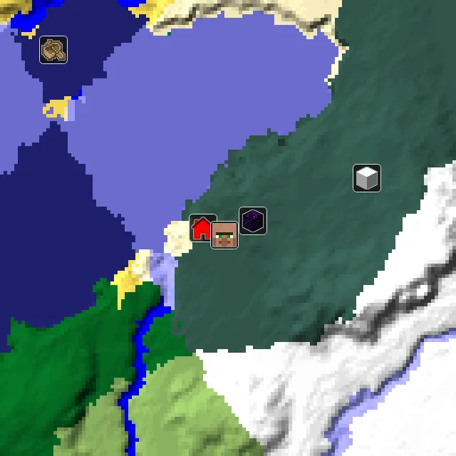 Overworld biome map of seed 363966959780205 around spawn, with the village and ruined portal marked