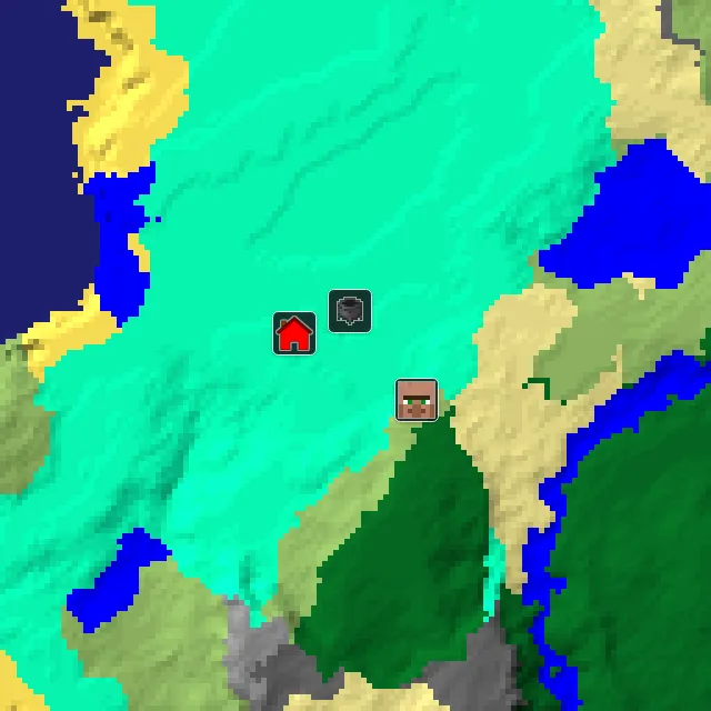 Overworld biome map of seed 800439690152186706 around spawn, with the village and swamp hut marked