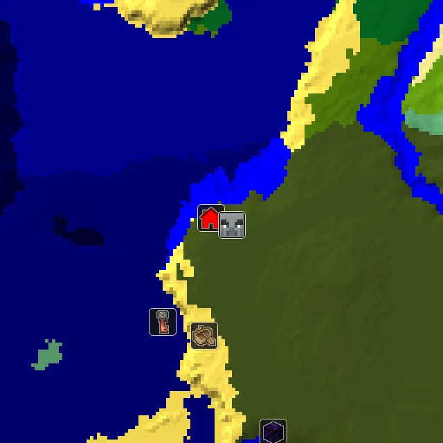 Overworld biome map of seed 569114471219520 around spawn, with the mansion marked
