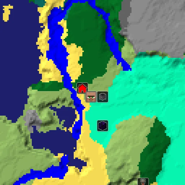 Overworld biome map of seed 139909618102088935 around spawn, with the village and swamp hut marked