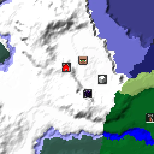 Overworld biome map of seed 1432579923393903 around spawn, with the village and ruined portal marked