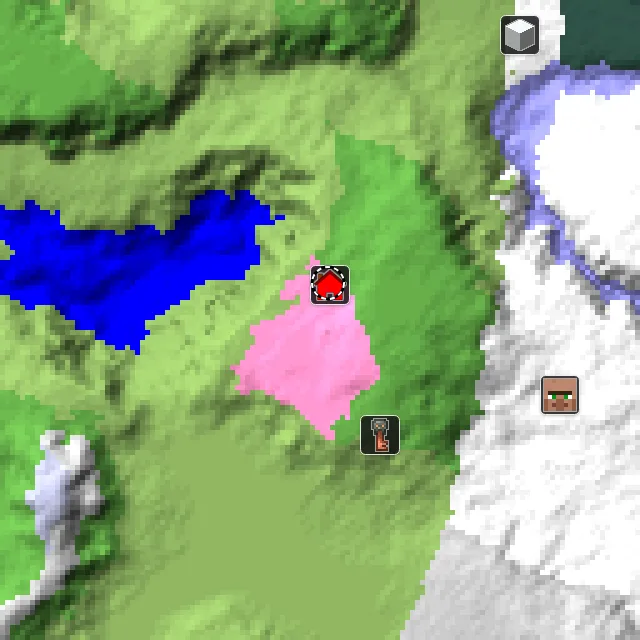 Overworld biome map of seed -694254402315229467 around spawn, with the cherry grove marked