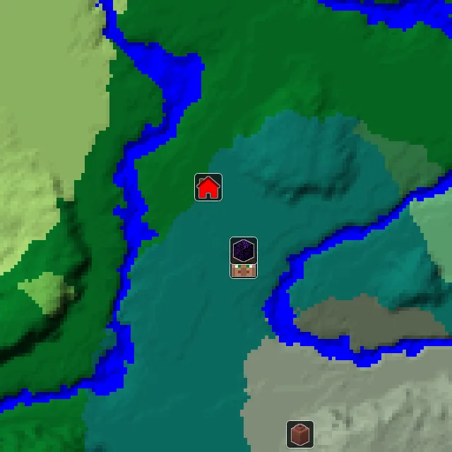 Overworld biome map of seed 2948790957364232 around spawn, with the village and ruined portal marked