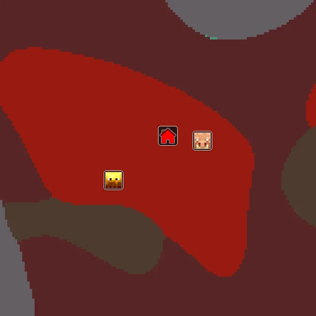 Nether biome map of seed 37783239030675 around Nether 0, 0, with the bastion and fortress marked