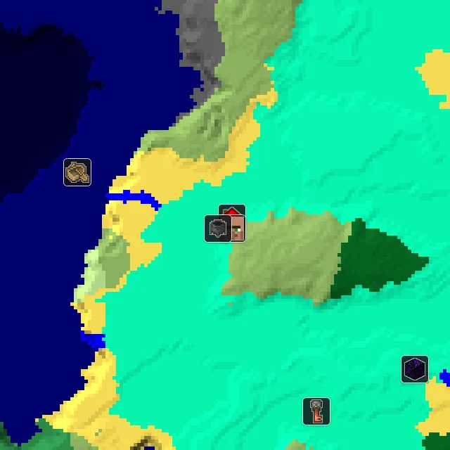Overworld biome map of seed 515293959990595221 around spawn, with the village and swamp hut marked