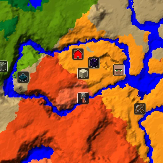 Overworld biome map of seed 1809746106777181411 around spawn, with the village and ruined portal and desert pyramid and outpost and trial chamber and ancient city marked