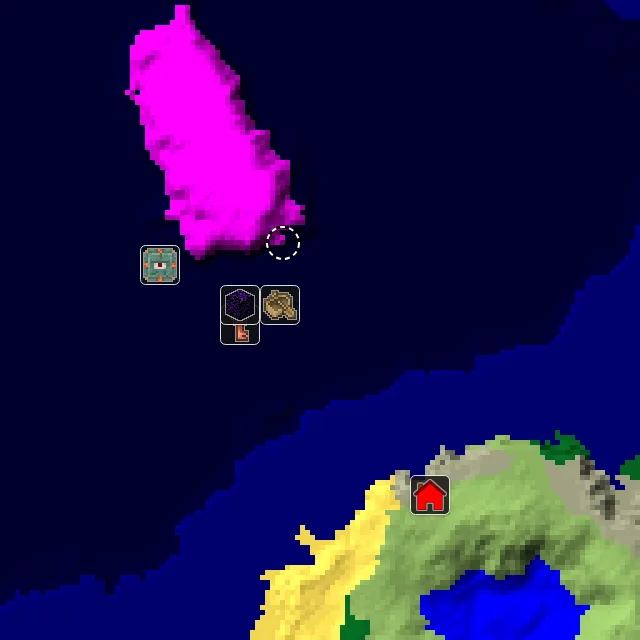 Overworld biome map of seed 3489423892718166644 around spawn, with the mushroom fields marked