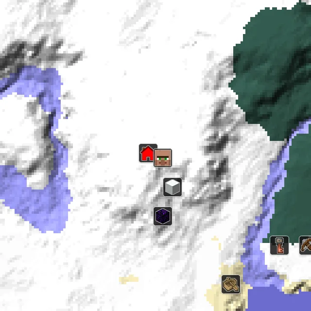 Overworld biome map of seed 68826434613358 around spawn, with the village marked