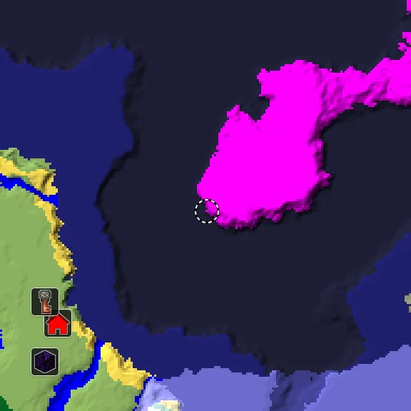 Overworld biome map of seed 3112734853087972079 around spawn, with the mushroom fields marked