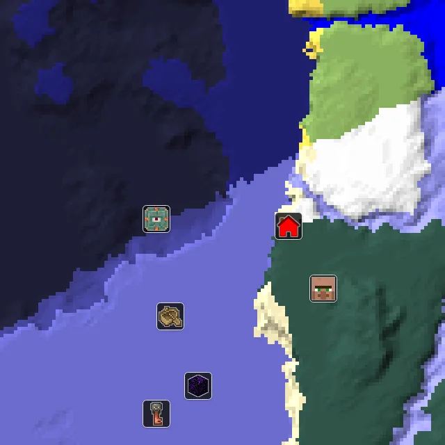 Overworld biome map of seed 329106419120846 around spawn, with the monument marked