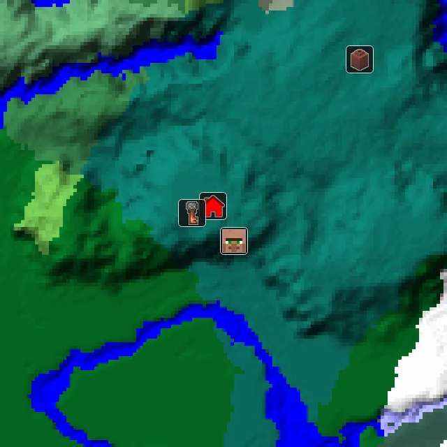 Overworld biome map of seed 709283897811163 around spawn, with the village marked