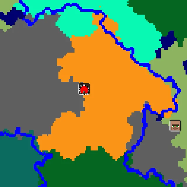 Overworld biome map of seed 7799469518119446881 around spawn, with the desert marked