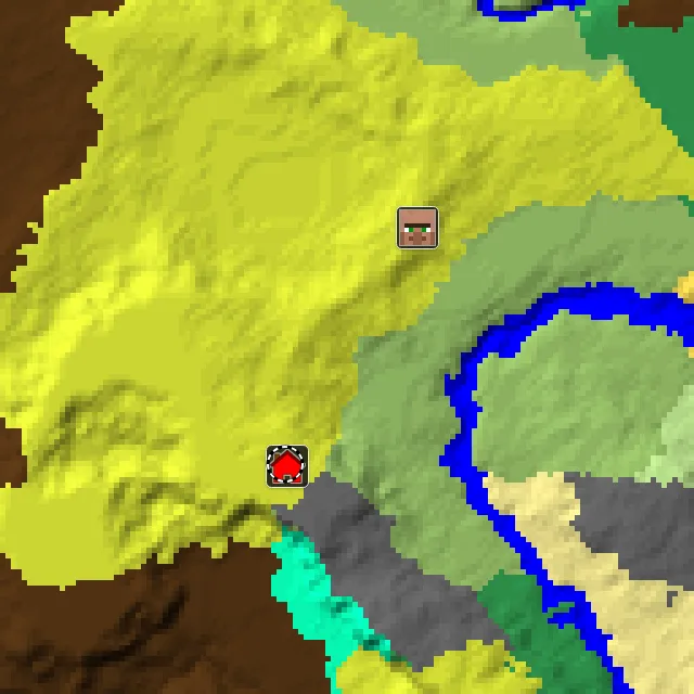 Overworld biome map of seed 1429451576662801 around spawn at Y 0, with the village and sulfur caves marked