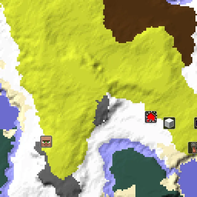 Overworld biome map of seed 2550018009398761 around spawn at Y 0, with the village and sulfur caves marked