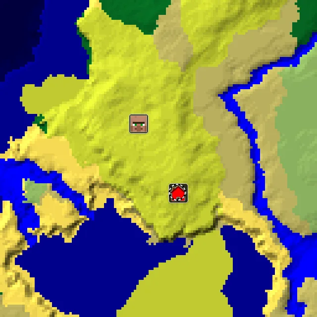 Overworld biome map of seed 308628722620600 around spawn at Y 0, with the village and sulfur caves marked