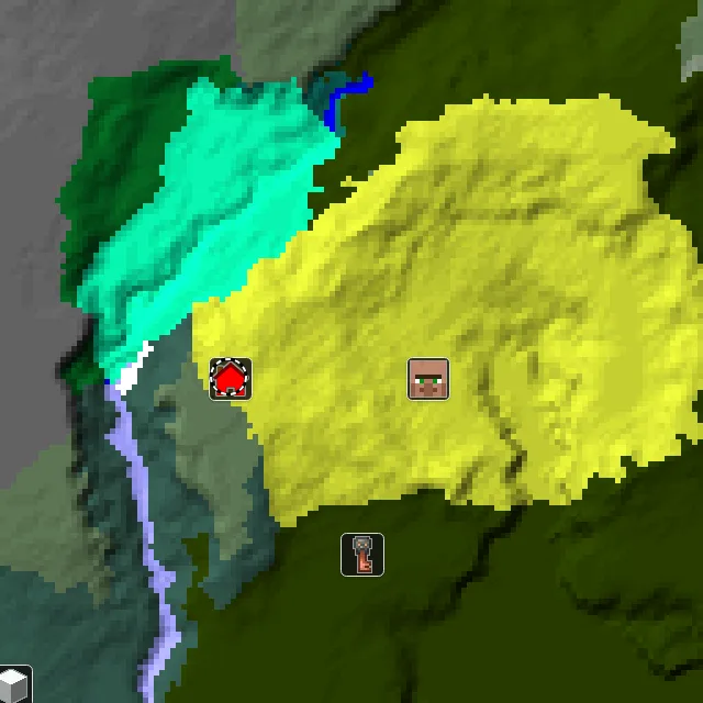 Overworld biome map of seed 442860251699944 around spawn at Y 0, with the village and sulfur caves marked