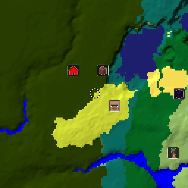 Overworld biome map of seed 442860251699945 around spawn at Y 0, with the village and sulfur caves marked