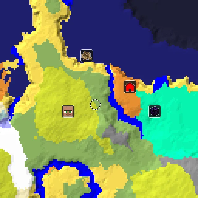 Overworld biome map of seed 5122454561084229 around spawn at Y 0, with the village and sulfur caves marked