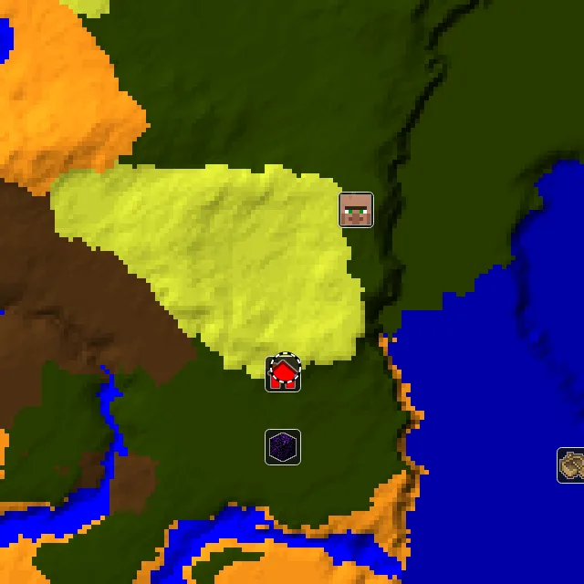Overworld biome map of seed 871578676041918 around spawn at Y 0, with the village and sulfur caves marked