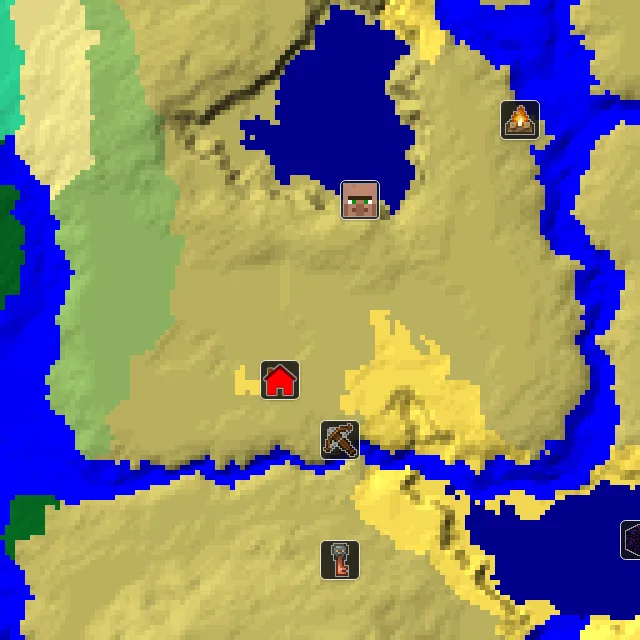 Overworld biome map of seed 1667552769884978 around spawn, with the village and outpost marked