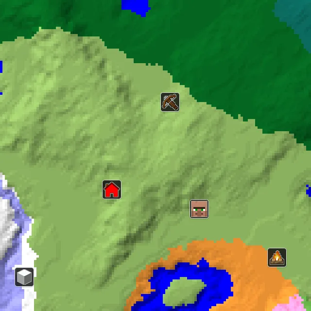Overworld biome map of seed 168486502954112 around spawn, with the village and outpost marked
