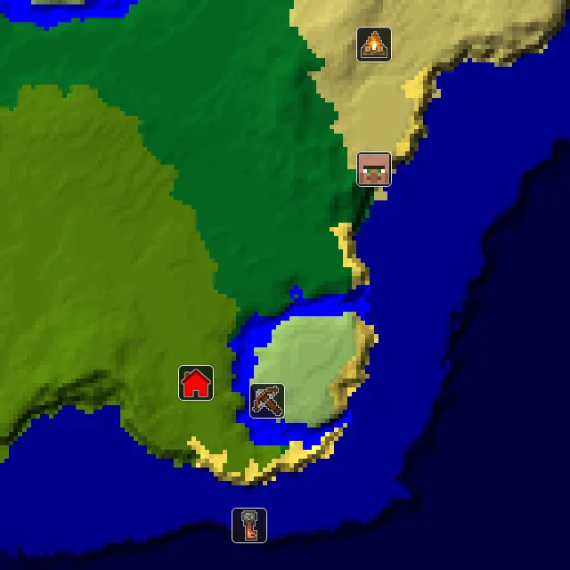 Overworld biome map of seed 238277855897535 around spawn, with the village and outpost marked