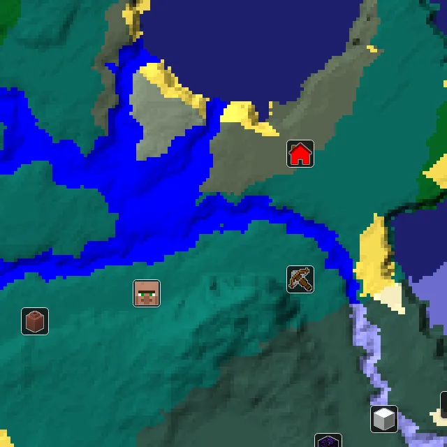 Overworld biome map of seed 272987006062197 around spawn, with the village and outpost marked