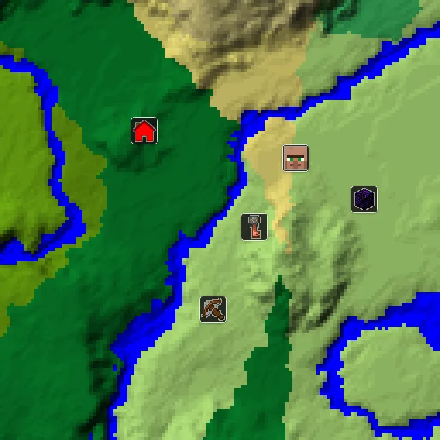 Overworld biome map of seed 4329197876656961 around spawn, with the village and outpost marked