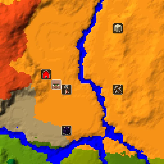 Overworld biome map of seed 911279098436064 around spawn, with the village and outpost marked